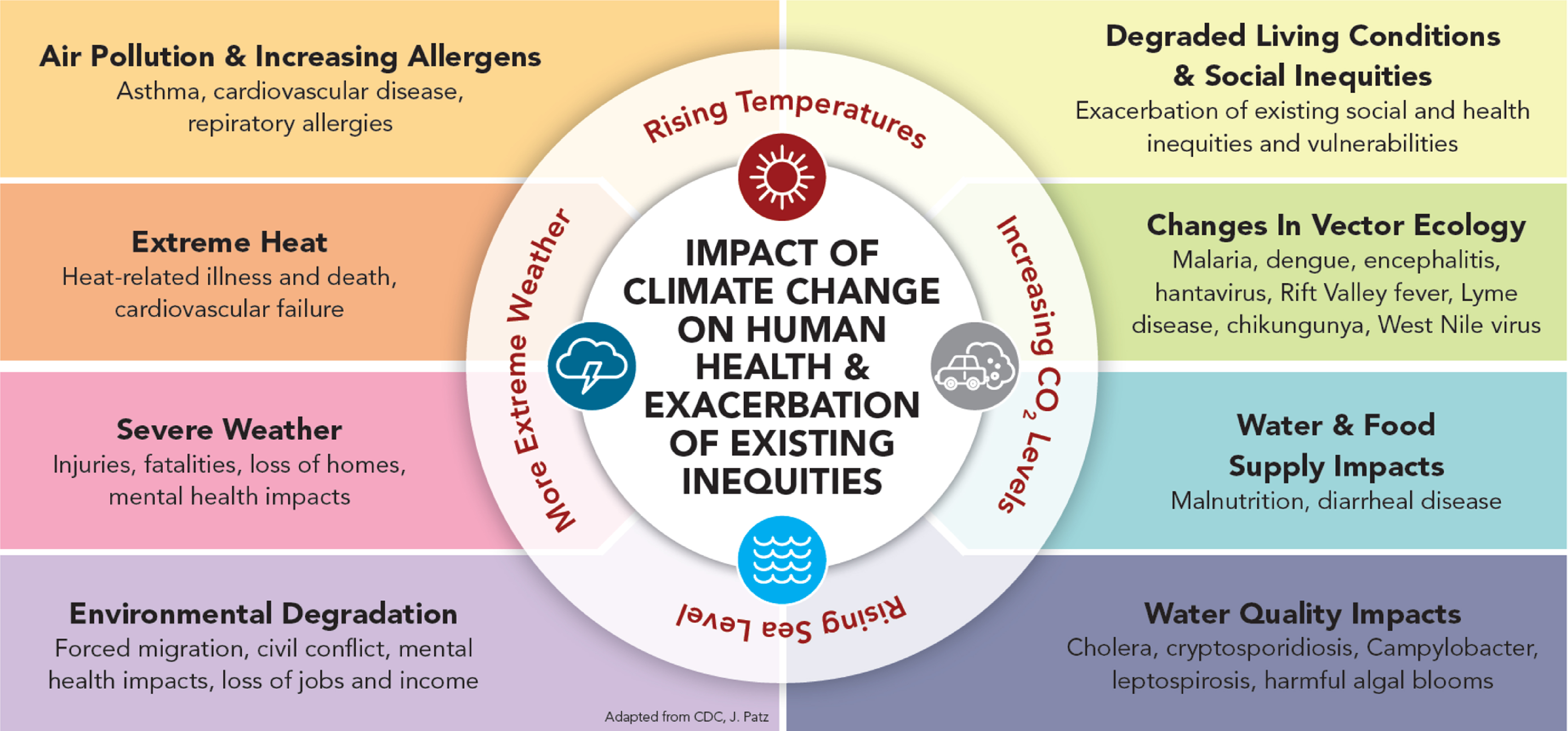 Diagram of the human health impacts of climate change.